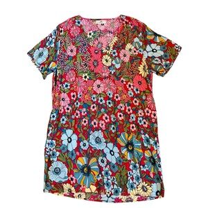 Natural Life Women’s Sz S Multicolor Floral Short Sleeve Dress  V-Neck